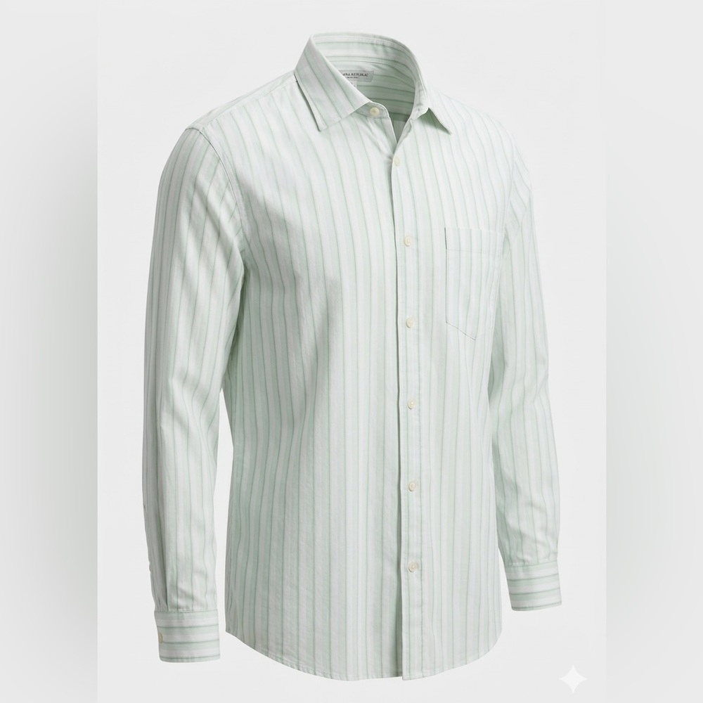Banana Republic Men's L Green White Striped Cotton Button Down Dress Shirt